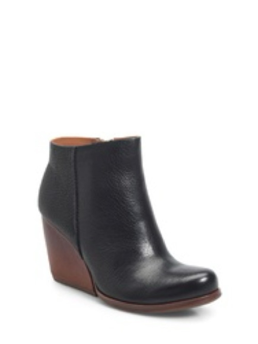 Kork-Ease Natalya Black Leather Wedge Ankle Boots with Brown Wood Wedge Heel